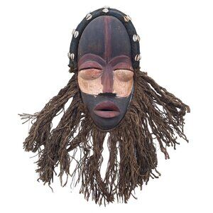 Dan African Tribal Mask With Raffia Hair & Cowrie Shells Decor